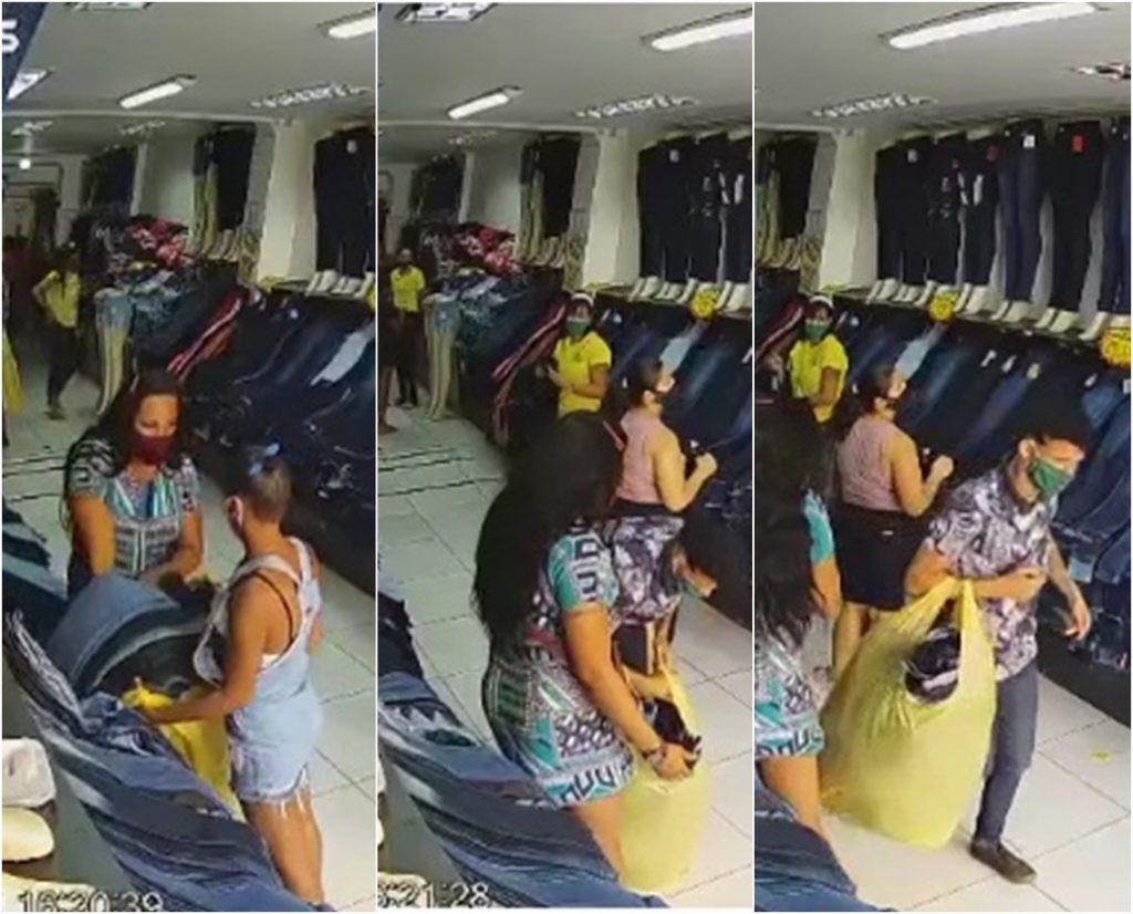VEJA VÍDEO: ‘Na cara dura’, trio enche sacolas e rouba várias calças jeans em loja na Avenida Sete