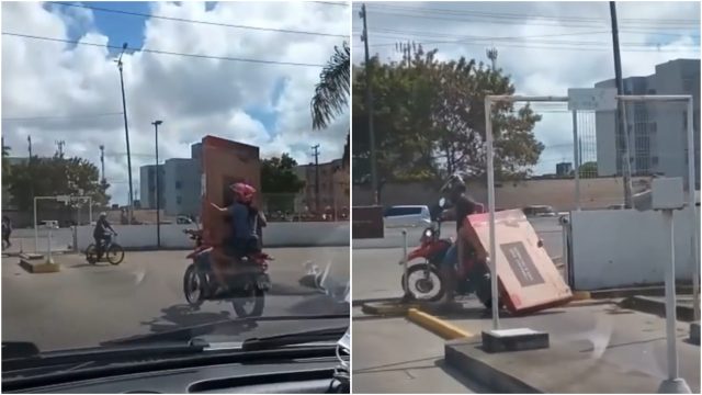 Vídeo: Casal leva TV de 55 polegadas em motocicleta e vira meme na internet