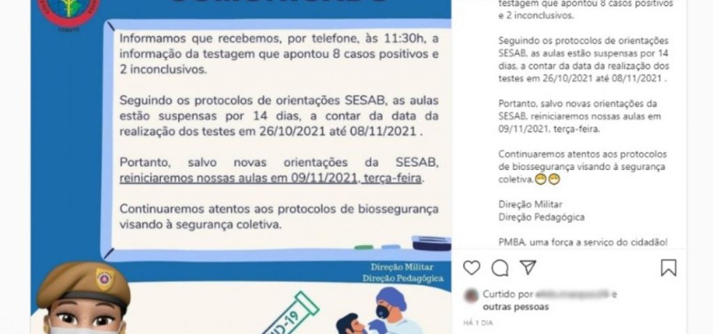 Colégio da PM em Salvador suspende aulas presenciais após confirmar casos de Covid-19