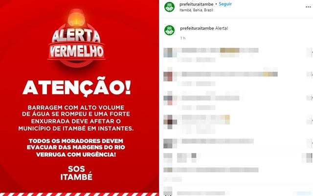 Prefeitura de Itambé informa rompimento de barragem e pede que moradores deixem casas perto de rio