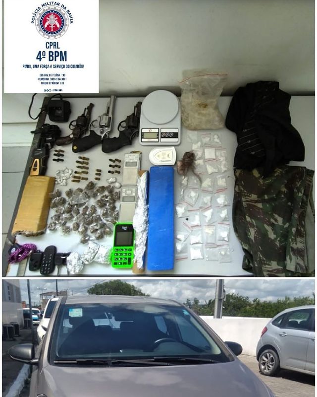 Alagoinhas: policiais do Quarto Batalhão apreendem armas, munições, drogas e recuperam carro roubado