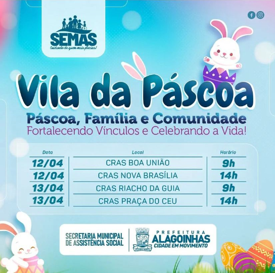 Alagoinhas: Vila da Páscoa será realizada nas quatro unidades do CRAS nesta terça (12) e quarta-feira (13)