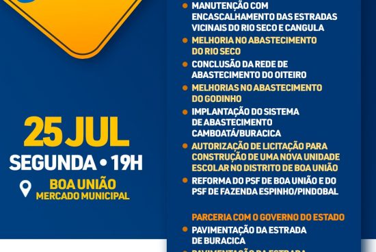 Prefeitura de Alagoinhas fará anúncio de uma série de obras em Boa União, na segunda-feira (25)