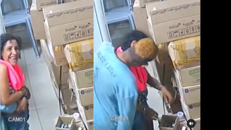 Pintou um clima: casal suspeito de furtar farmácia é flagrado em momentos íntimos durante o crime; assista