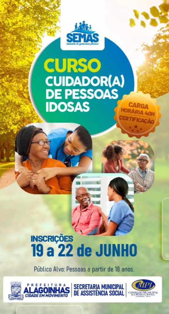 Estão abertas as inscrições para o Curso de Cuidador (a) de Pessoas Idosas oferecido pela SEMAS