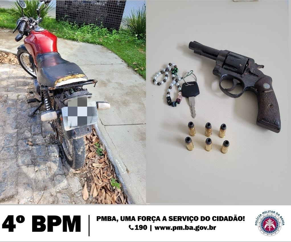 Em Alagoinhas, policiais do 4° BPM prendem homem em flagrante delito e apreendem arma de fogo e veículo adulterado