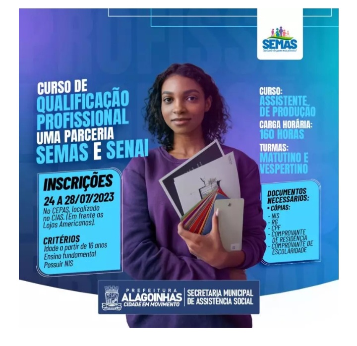 Inscrições abertas para curso gratuito de qualificação profissional: Assistente de Produção em Alagoinhas