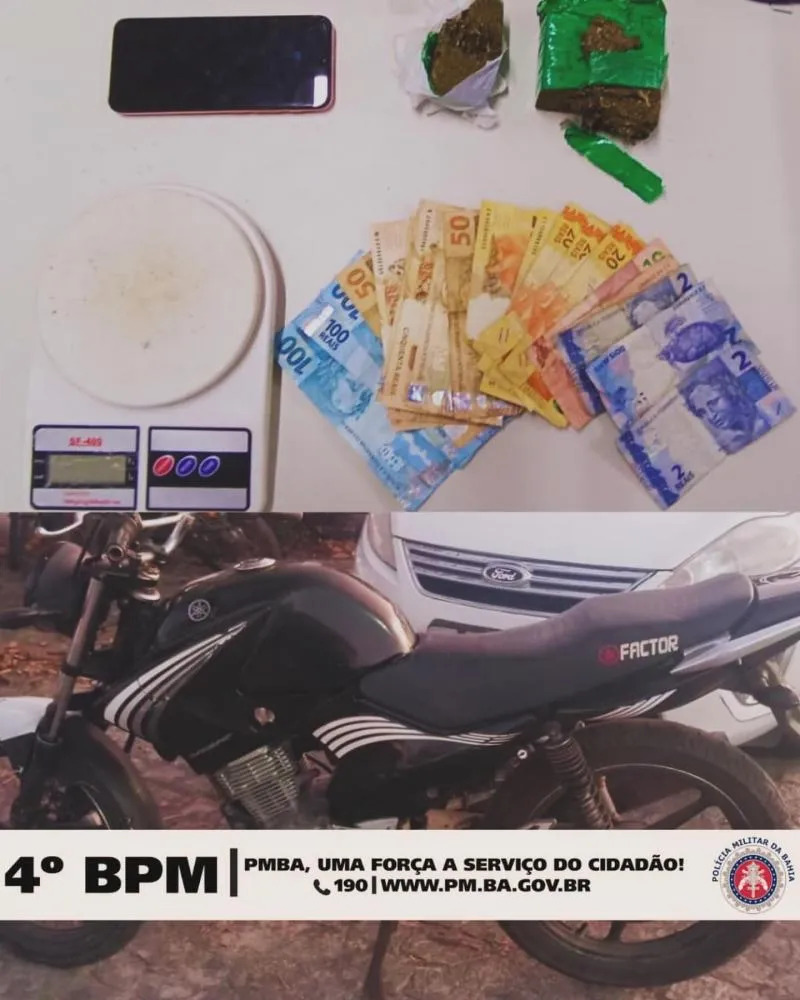 POLICIAIS MILITARES APREENDEM BALANÇA DE PRECISÃO, CELULAR, DROGAS, DINHEIRO E MOTOCICLETA USADOS PARA TRÁFICO EM ALAGOINHAS