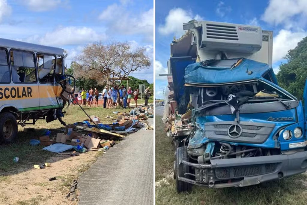 Acidente entre caminhão e ônibus escolar deixa um morto e 22 feridos na Bahia